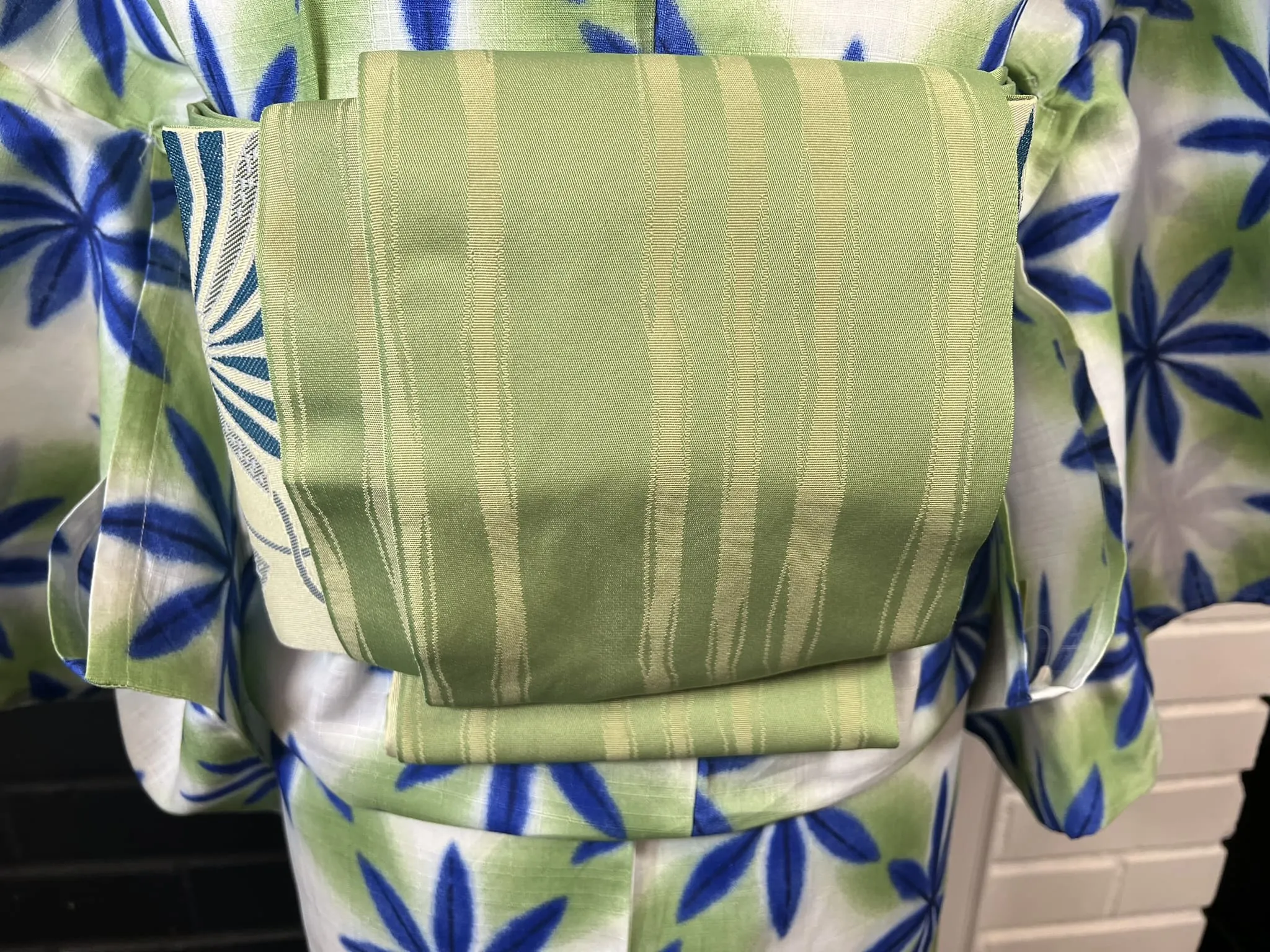 YUKATA and OBI 2 pc set, Size: M-L, Indigo Starflower Pattern on Long White with Light Green Obi / Japanese Traditional Women's Yukata and Han-haba Obi