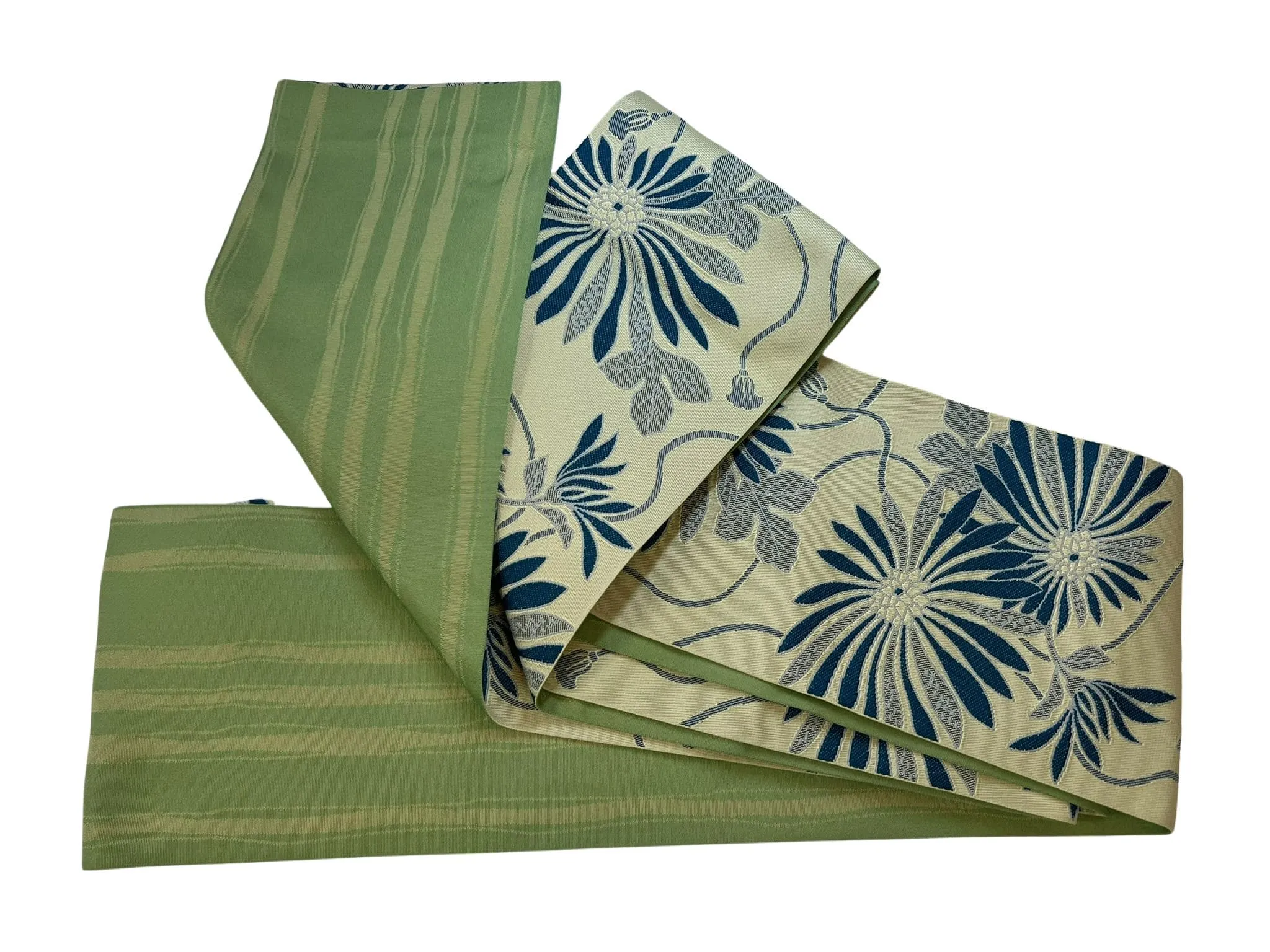 YUKATA and OBI 2 pc set, Size: M-L, Indigo Starflower Pattern on Long White with Light Green Obi / Japanese Traditional Women's Yukata and Han-haba Obi