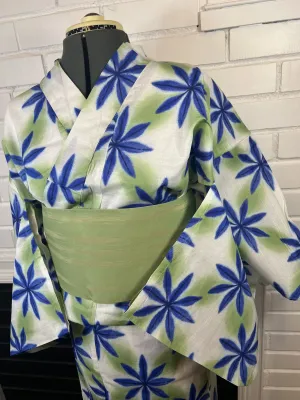 YUKATA and OBI 2 pc set, Size: M-L, Indigo Starflower Pattern on Long White with Light Green Obi / Japanese Traditional Women's Yukata and Han-haba Obi