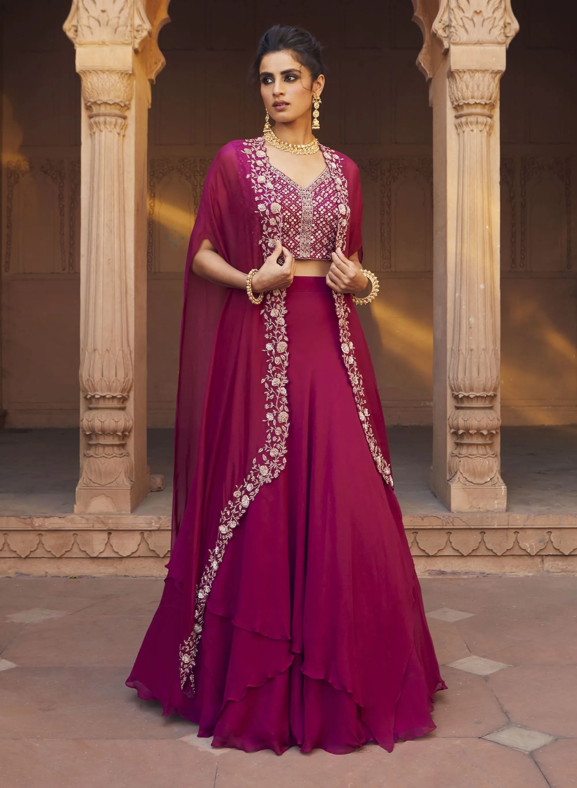 Zoya Raspberry Kimono Lehenga Set