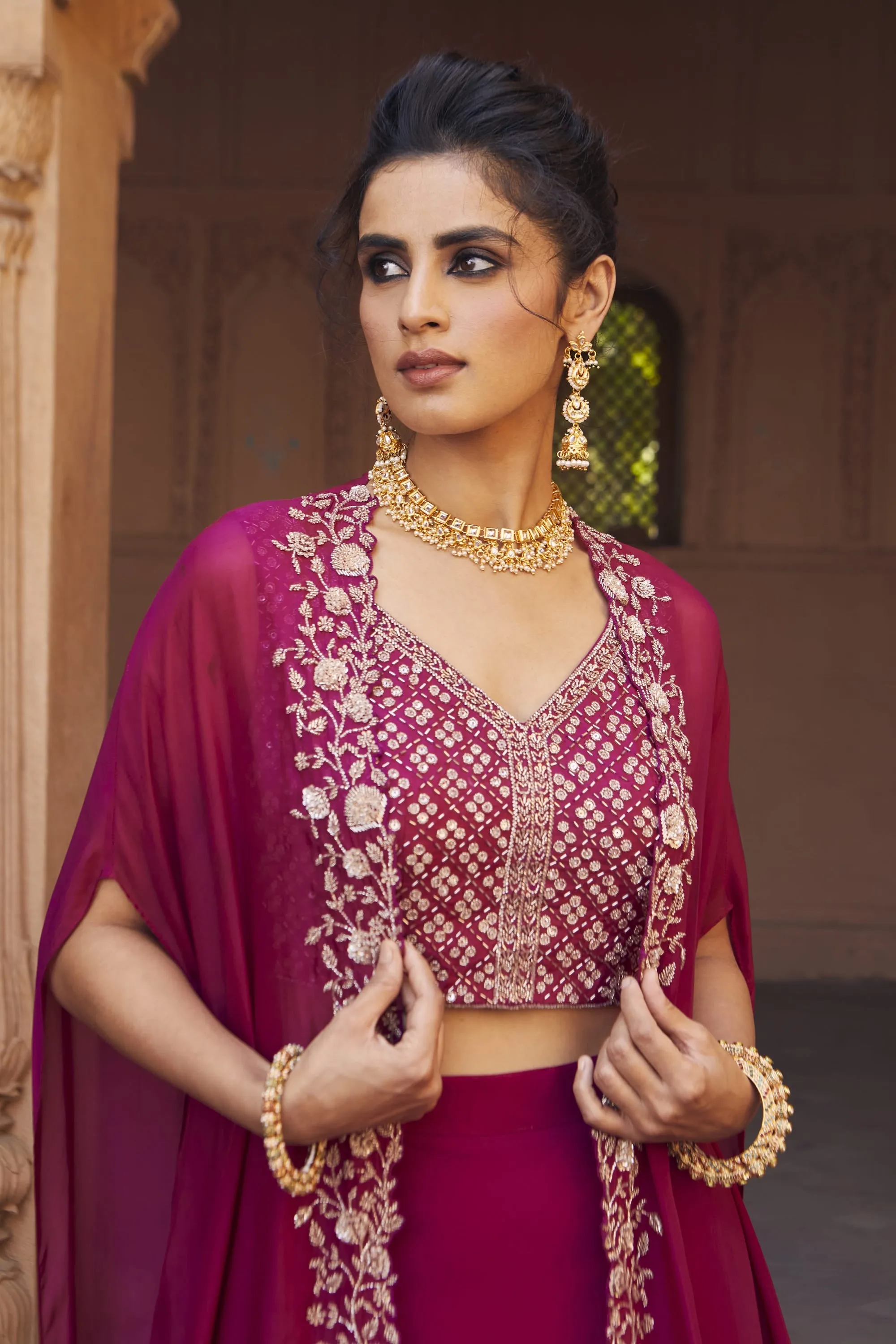 Zoya Raspberry Kimono Lehenga Set